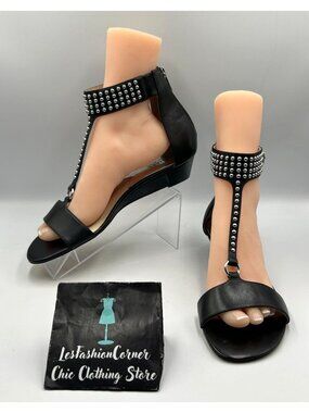 NWOB Michael Kors Women's Black Leather Celena Wedge Studded Sandals Sz 11 3365